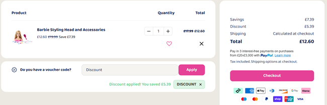 Screenshot showing Barbie Styling Head and Accessories for £12.60 with code at Bargain Max