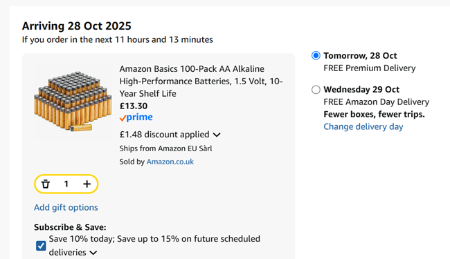 Screenshot showing Amazon Basics 100-Pack AA Alkaline High-Performance Batteries for £13.30 at Amazon