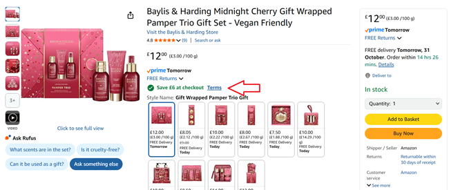 Screenshot showing Baylis & Harding Midnight Cherry Gift Wrapped Pamper Trio Gift Set at Amazon