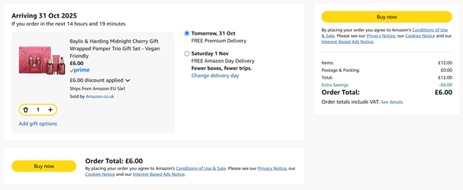 Screenshot showing Baylis & Harding Midnight Cherry Gift Wrapped Pamper Trio Gift Set for £6 at Amazon