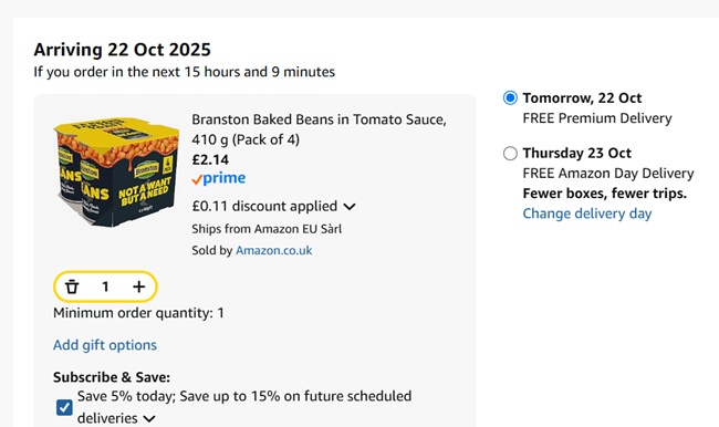 Screenshot showing Branston Baked Beans in Tomato Sauce, 410g (Pack of 4) for £2.14 at Amazon