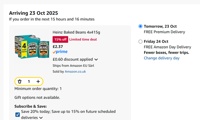 Screenshot showing Heinz Baked Beans 4x415g for £2.37 at Amazon