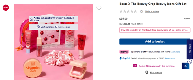Screenshot showing Boots X The Beauty Crop Beauty Icons Gift Set for £35 at Boots