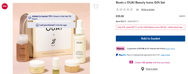 Screenshot showing Boots x OUAI Beauty Icons Gift Set for £35 at Boots