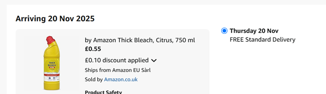Screenshot showing by Amazon Thick Bleach, Citrus, 750 ml for 55p at Amazon