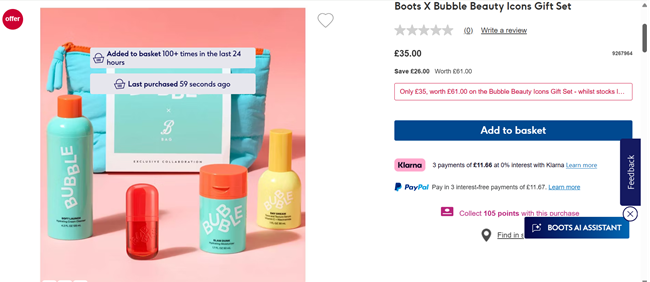 Screenshot showing Boots X Bubble Beauty Icons Gift Set for £35 at Boots