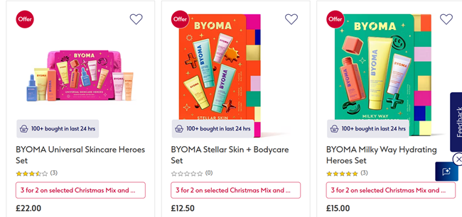 Screenshot showing 3 for 2 on selected Byoma Gift Sets at Boots