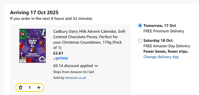 Screenshot showing Cadbury Dairy Milk Creamy Advent Calendar for £2.61 at Amazon