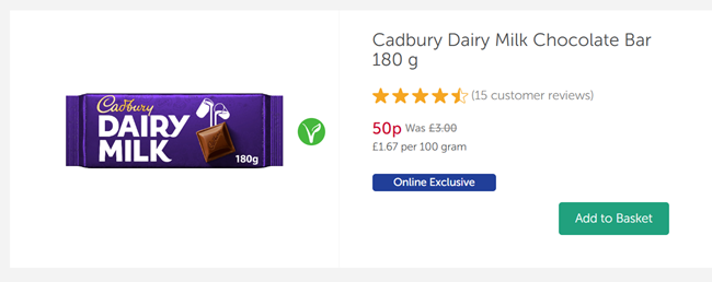 Screenshot showing Cadbury Dairy Milk Chocolate Bar 180g for 50p online at Iceland