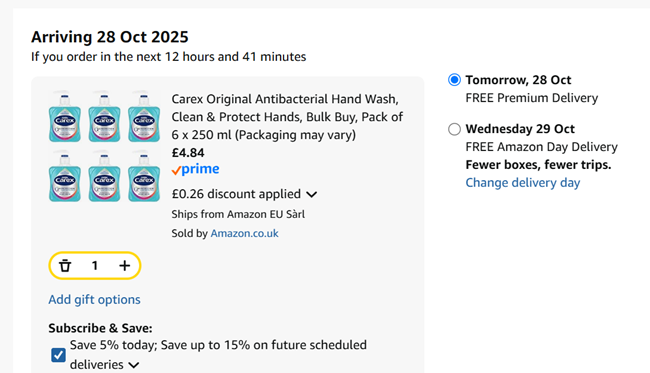Screenshot showing Carex Original Antibacterial Hand Wash Pack of 6 x 250 ml for £4.84 at Amazon