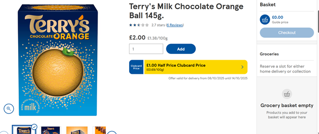 Screenshot showing Terry's Milk Chocolate Orange for £1 with Clubcard at Tesco