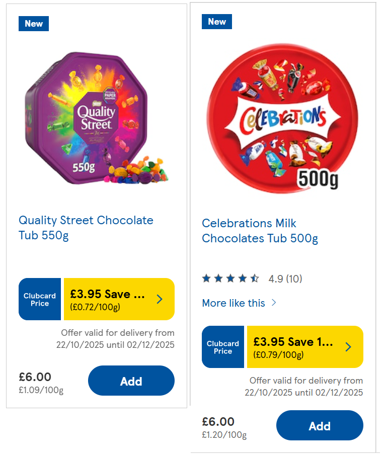 Screenshot showing Celebrations Milk Chocolates Tub 500g / Quality Street Chocolate Tub 550g for £3.95 Clubcard Price at Tesco