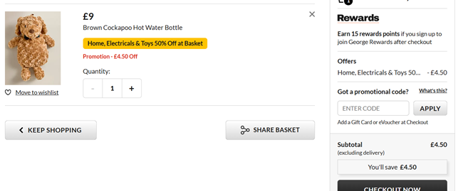 Screenshot showing Brown Cockapoo Hot Water Bottle for £4.50 at Asda George