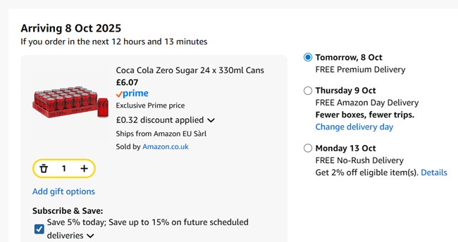 Screenshot showing Coca Cola Zero Sugar 24 x 330ml Cans for £6.07 at Amazon