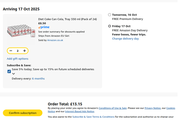 Screenshot showing Diet Coke 24 x 330ml 2 for £13.15 at Amazon