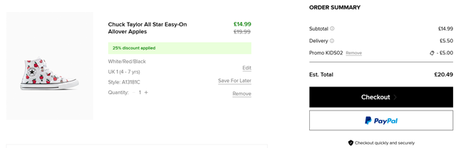 Screenshot showing shopping basket with Chuck Taylor Apple High-Tops at Converse