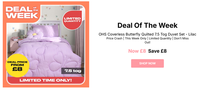 Screenshot showing Coverless Butterfly Quilted 7.5 Tog Duvet Set Lilac from £8 offer at Online Home Shop