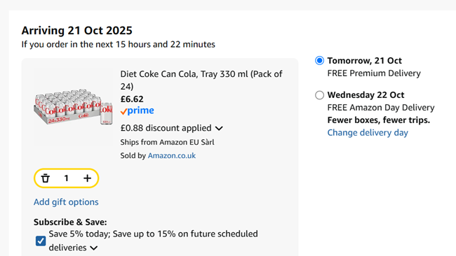 Screenshot showing Diet Coke Can Cola 24 x 330ml for £6.62 at Amazon