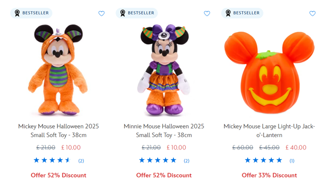 Screenshot showing reduced Halloween items at Disney Store