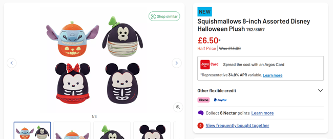 Screenshot showing Squishmallows 8-inch Assorted Disney Halloween Plush for £6.50 at Argos