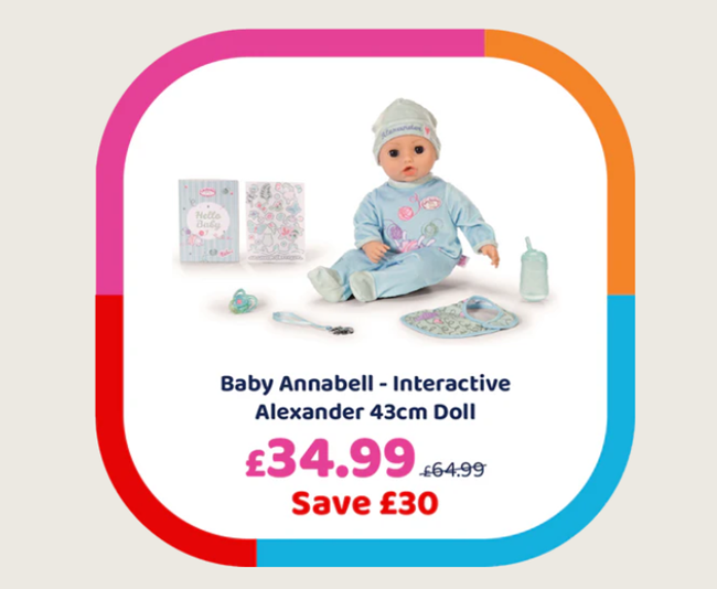 Screenshot showing Baby Annabell Interactive Alexander 43cm Doll for £34.99 at Bargain Max