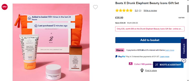 Screenshot showing Boots X Drunk Elephant Beauty Icons Gift Set for £35 at Boots
