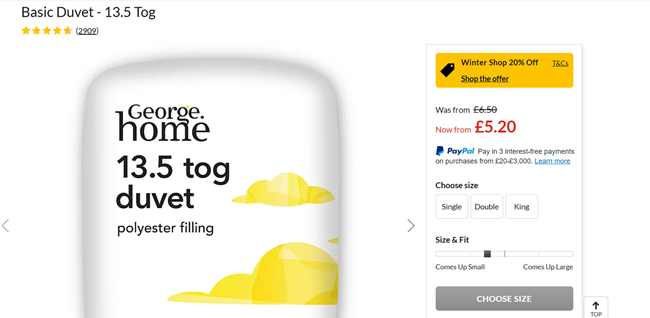 Screenshot showing George Home Basic 13.5 Tog Duvet from £5.20 at Asda George