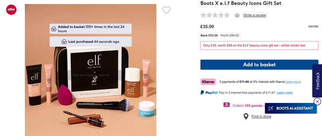Screenshot showing Boots X e.l.f Beauty Icons Gift Set for £35 at Boots