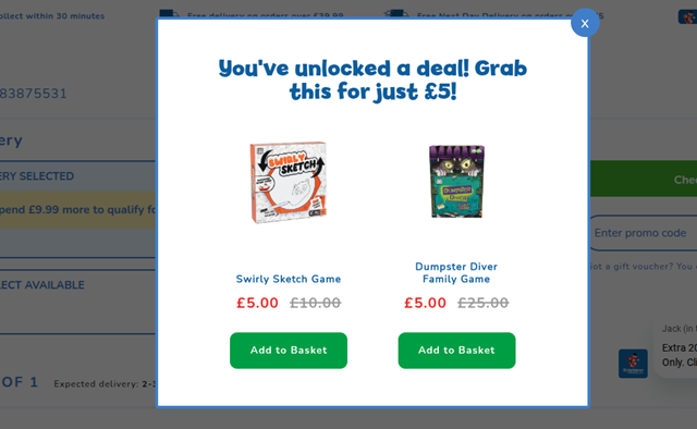 Screenshot showing a game for £5 offer at The Entertainer
