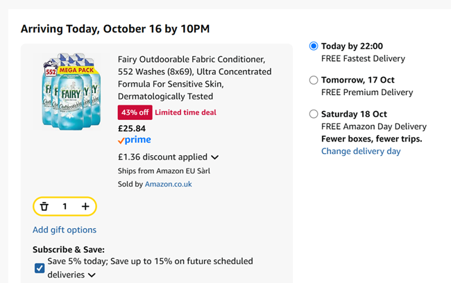 Screenshot showing Fairy Outdoorable Fabric Conditioner, 552 Washes (8x69) for £25.84 at Amazon