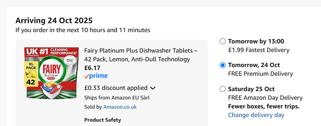 Screenshot showing Fairy Platinum Plus Lemon Dishwasher Tablets 42 Pack for £6.17 at Amazon