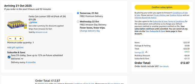 Screenshot showing Fanta Lemon 48 x 330ml Cans for £12.87 at Amazon