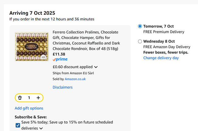 Screenshot showing Ferrero Collection Pralines Box of 48 (518g) for £11.38 at Amazon