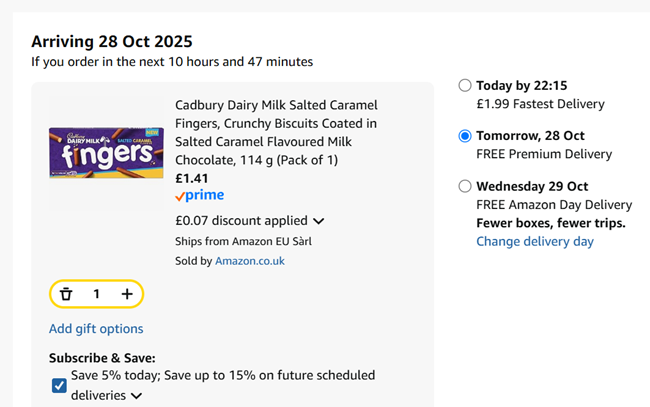 Screenshot showing Cadbury Dairy Milk Salted Caramel Fingers for £1.41 at Amazon