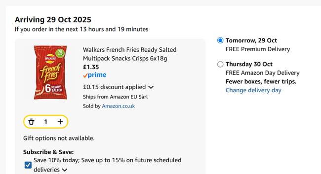 Screenshot showing Walkers French Fries Ready Salted Multipack Snacks Crisps 6x18g for £1.35 at Amazon