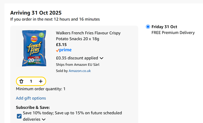 Screenshot showing Walkers French Fries Crispy Potato Snacks 20 x 18g for £3.15 at Amazon
