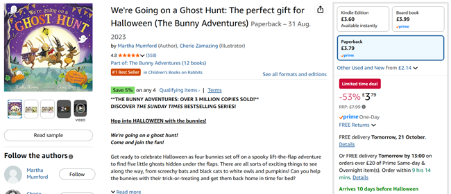 Screenshot showing We're Going on a Ghost Hunt: A Lift-The-Flap Bunny Adventures Book for £3.79 at Amazon