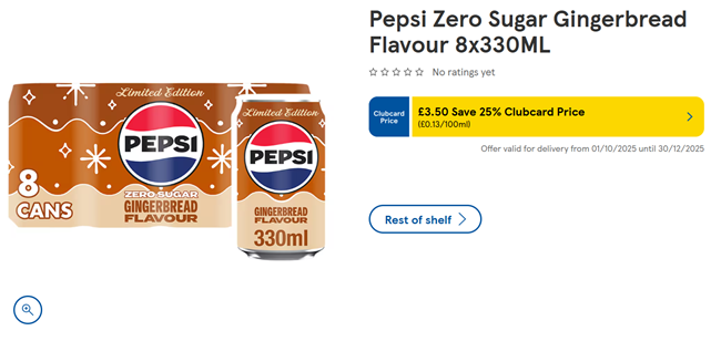 Screenshot showing Pepsi Zero Sugar Gingerbread Flavour 8x330ML for £3.50 at Tesco