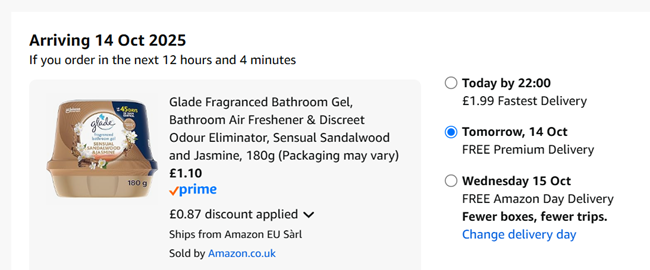 Screenshot showing Glade Fragranced Bathroom Gel Sensual Sandalwood & Jasmine 180g for £1.10 at Amazon