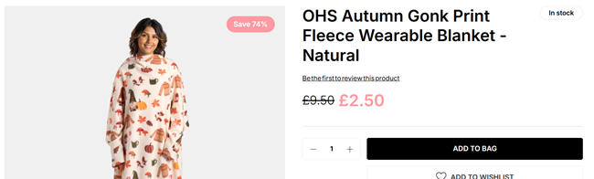 Screenshot showing Autumn Gonk Print Fleece Wearable Blanket for £2.50 at Online Home Shop