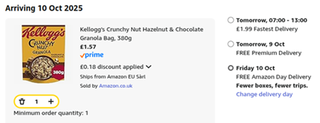 Screenshot showing Kellogg's Crunchy Nut Hazelnut & Chocolate Granola Bag, 380g for £1.57 at Amazon
