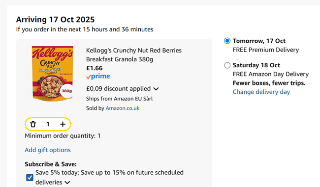 Screenshot showing Kellogg's Crunchy Nut Red Berries Breakfast Granola 380g for £1.66 at Amazon