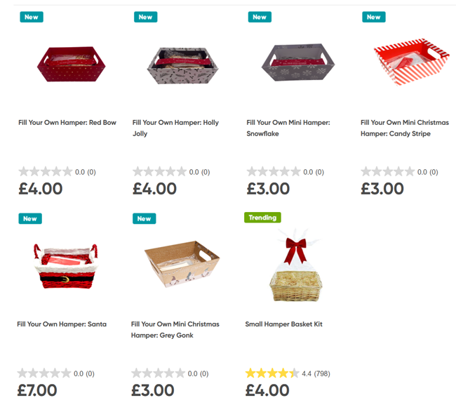 Screenshot showing Fill Your Own Christmas Hamper Kits at The Works
