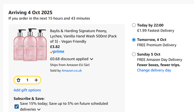Screenshot showing Baylis & Harding Hand Wash 500 ml (Pack of 3) for £3.82 at Amazon