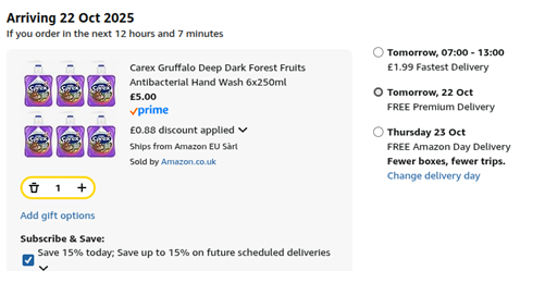 Screenshot showing Carex Gruffalo Deep Dark Forest Fruits Antibacterial Hand Wash 6 x 250ml for £5 at Amazon