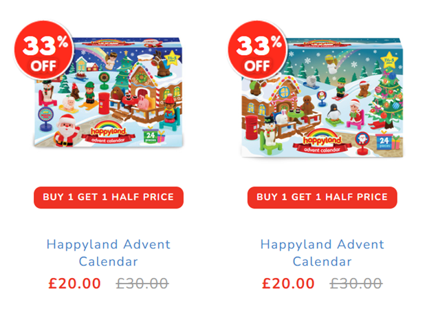 Screenshot showing Happyland Advent Calendar offers at The Entertainer