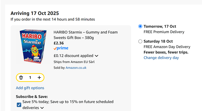 Screenshot showing Haribo Starmix Gift Box 380g for £2.36 at Amazon