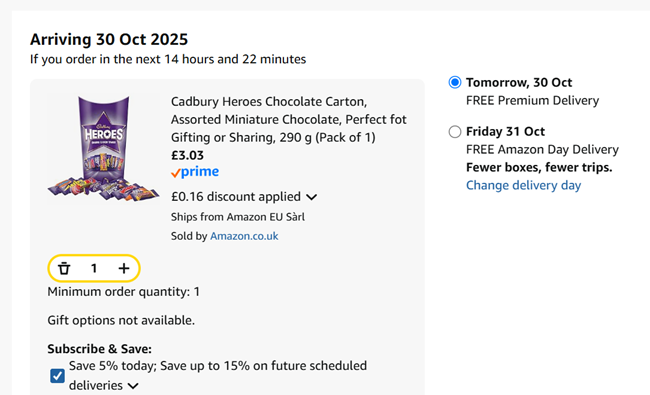 Screenshot showing Cadbury Heroes Chocolate Carton 290g for £3.03 at Amazon