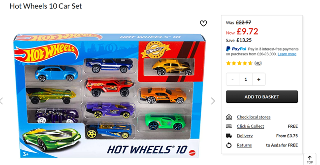 Screenshot showing Hot Wheels 10 Car Set for £9.72 at Asda George