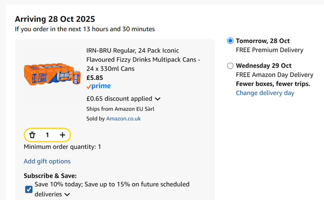 Screenshot showing IRN-BRU Regular 24 x 330ml Cans for £5.85 at Amazon
